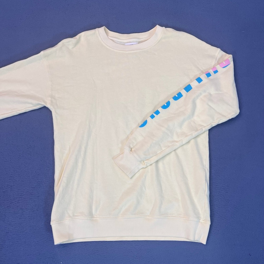 Billabong Womens Graphic Crewneck Sweatshirt Yellow Pink Blue Logo Small Y2K